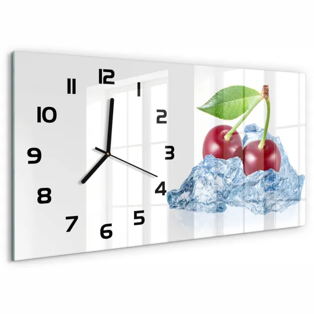 TULUP Wandklok - Kers met ijs Decoratieve Glazen Klok - 60x30 cm - Rood Glazen Wandklok Design - Zwarte handen - Rechthoekige Klok - Glazen Klok Met Print - Wandklok Glas Met Motief