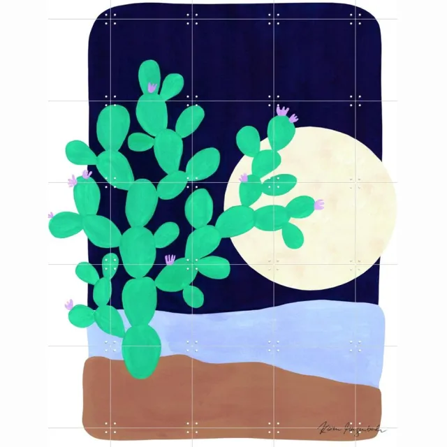 IXXI Cactus and Moonlight, Palmartprints - 100 x 140 cm - Grote wanddecoratie en posters - Abstract, Illustraties, Speels, Slaapkamer, Woonkamer Donkere tinten / Groen