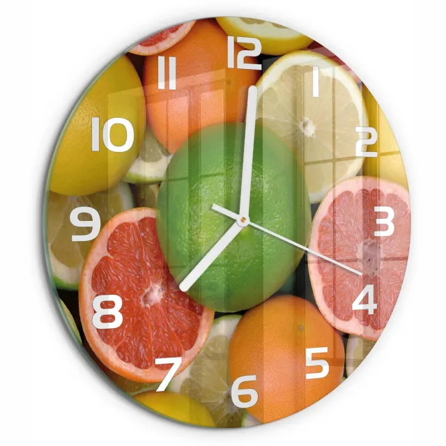 TULUP Wandklok - Citrusvruchten Wandklok Glas Decoratie - fi30 cm - Veelkleurig Gekleurde Glazen Klok - Witte handen - Ronde Klok - Klok Glas Met Opdruk - Moderne Wandklok Glas