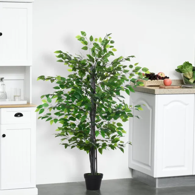 MEUNIQ kunstplant banyanboom 145 cm met zwarte pot, realistische kunstboom voor binnen & buiten, groene decoratie voor woonkamer, hal of kantoor