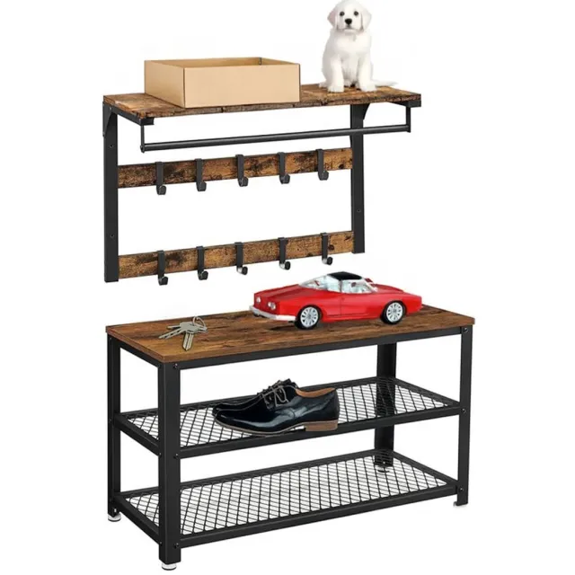 Homesy Wandkapstok - Gaderobe set - Bankje met wandstok - Met haken - 2 planken - Bruin zwart