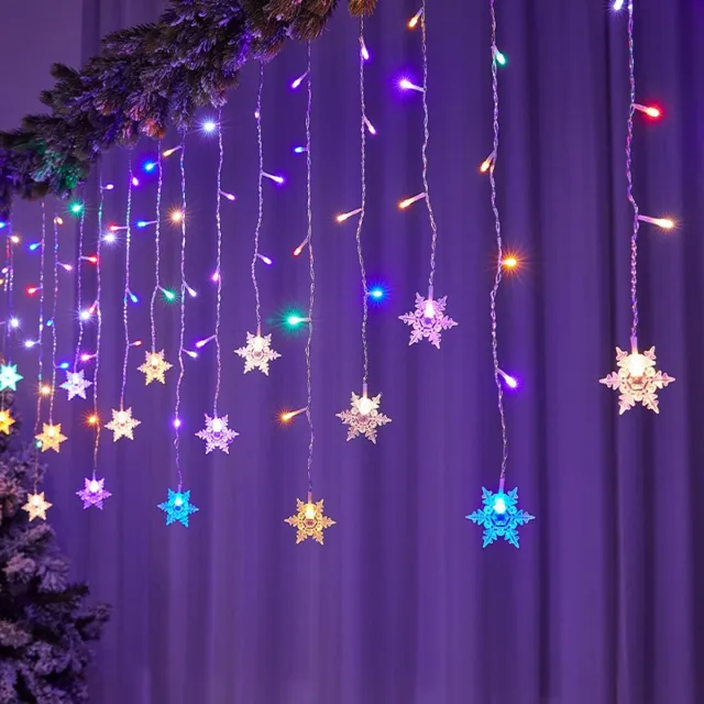 MUPOO Sneeuwvlok Lichtgordijn, LED Lichtsnoer op Batterij met Timer en 8 Lichtstanden, IP44 Waterdicht - Kerstverlichting, Laag Voltage - Fairy Lights met Haak voor Raam, Tuin en Feestdecoratie-Multicolour licht