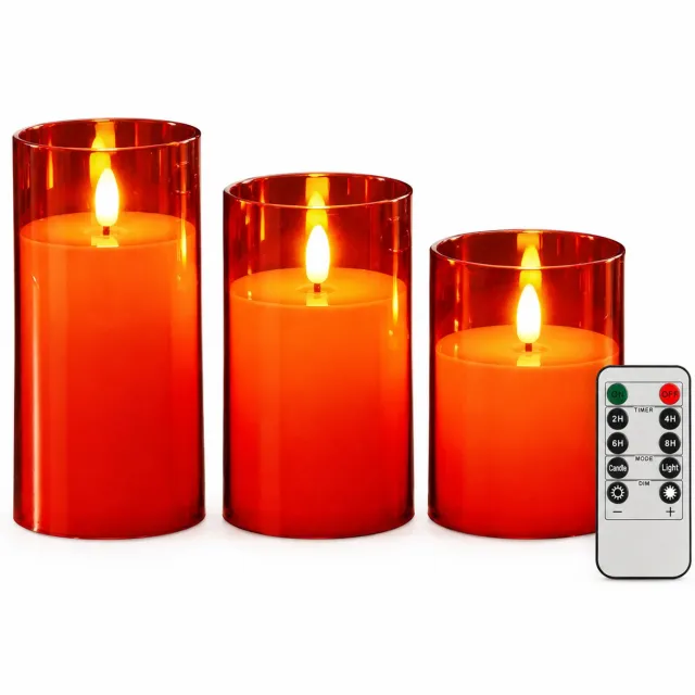 SWGOTA led kaarsen, rode set van 3 met afstandsbediening, warme vlamvormige LED, diameter 7,8 cm, hoogtes 10/12,5/15 cm, batterijen niet inbegrepen Rood