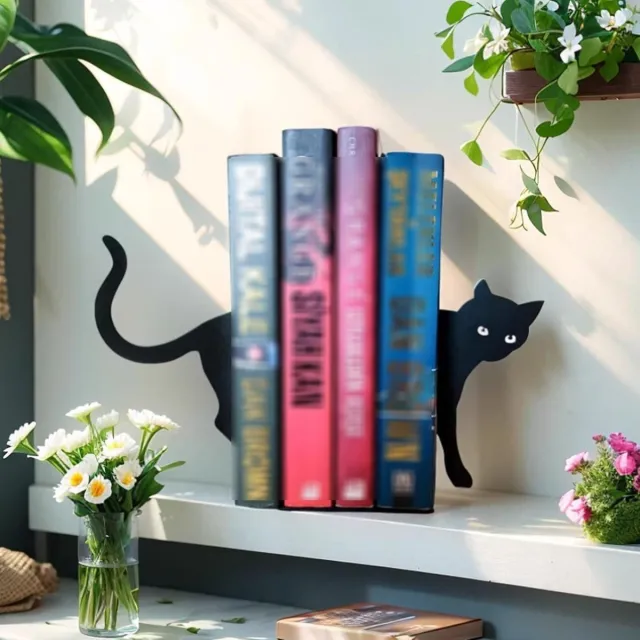 Nevolis Cute Animals Black Cat Bookends - Decorative Bookstopper Organizer for Cat Lovers and Heavy Books . multi color
