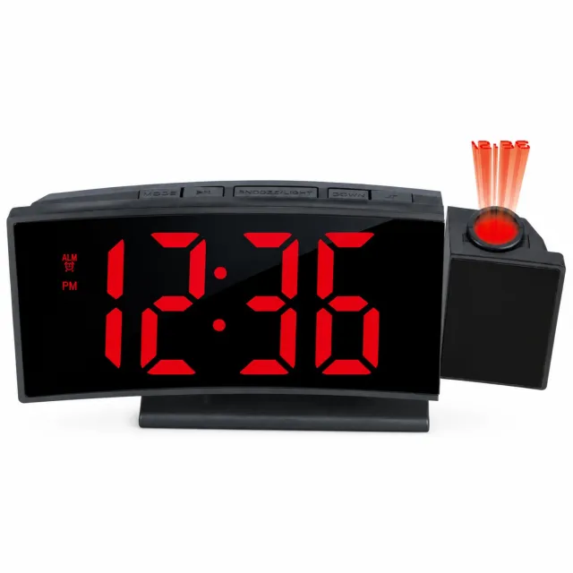 SWGOTA LED-projectiewekker met grote rode cijfers, sluimerfunctie en temperatuurweergave - tafelmodel met voet Rood