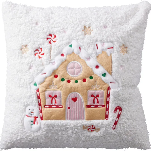 Home & Styling Sierkussen Kerst Teddy Peperkoeken Huisje - 45x45cm - Wit