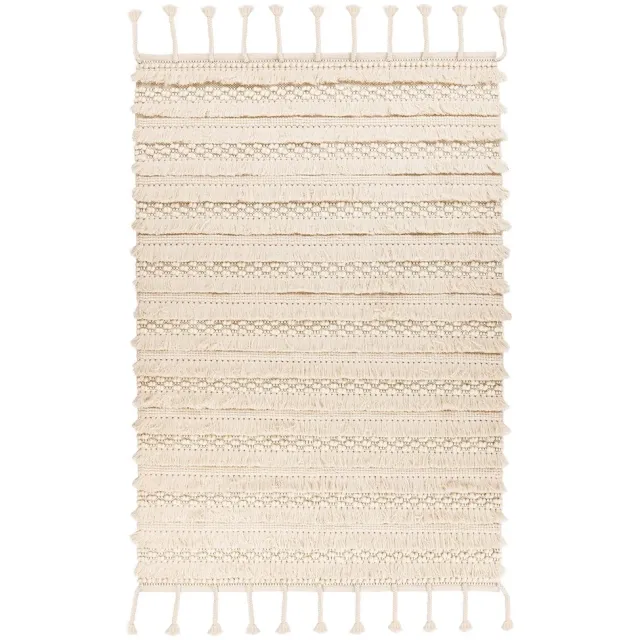 Padiro stijlvol laagpolig vloerkleed 200 x 290 cm - lichtbeige - geometrisch boho-streeppatroon - met franjes - voor vloerverwarming - van wol en katoen