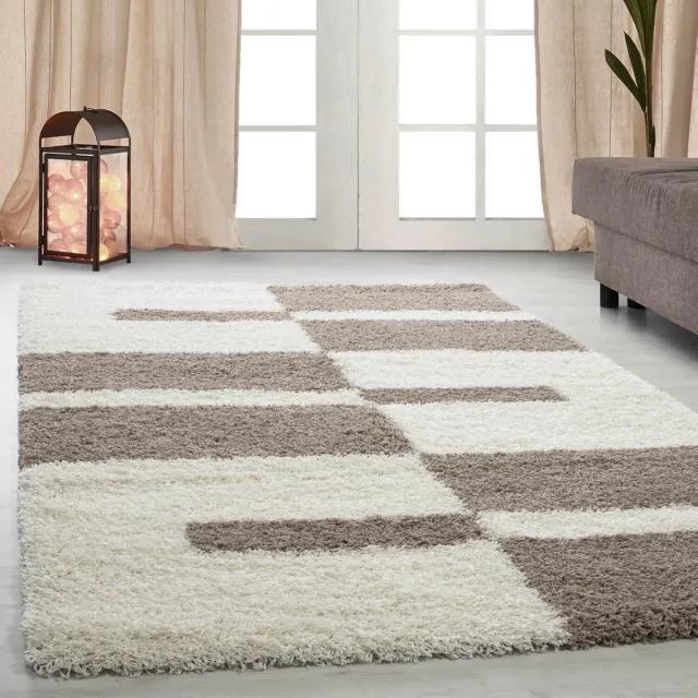 Adana Carpets Hoogpolig vloerkleed met ruitpatroon, beige kleur, geschikt voor de woonkamer, met jute achterkant, afmeting: 80 x 150 cm