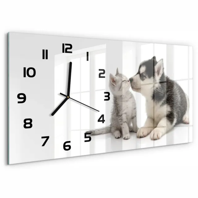 TULUP Wandklok - Hond en kat Gekleurde Glazen Klok - 60x30 cm - Zwart Glazen Klok Met Print - Zwarte handen - Rechthoekige Klok - Moderne Wandklok Glas - Wandklok Glas Decoratie