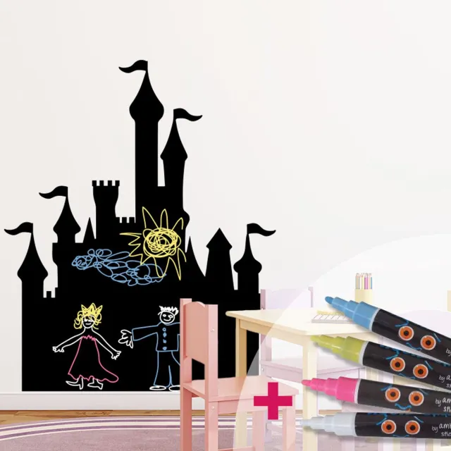 Ambiance Sticker Muursticker met krijtbordmotief - uitwisbare zelfklevende muursticker - PRINSESSENKASTEEL + 4 VLOEIBARE KRIJTJES - 30x25cm Multi color