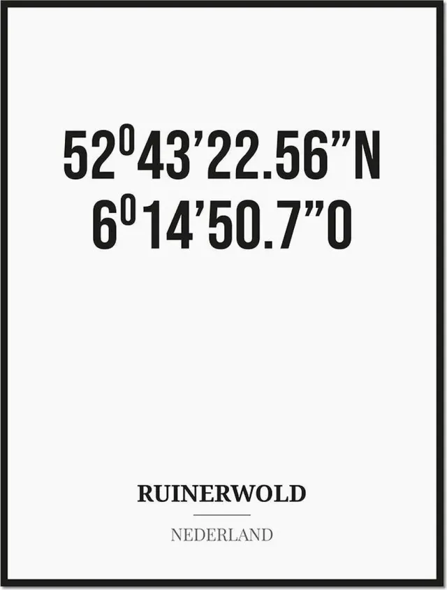 Studio216 Poster/kaart RUINERWOLD met coördinaten zwart, wit