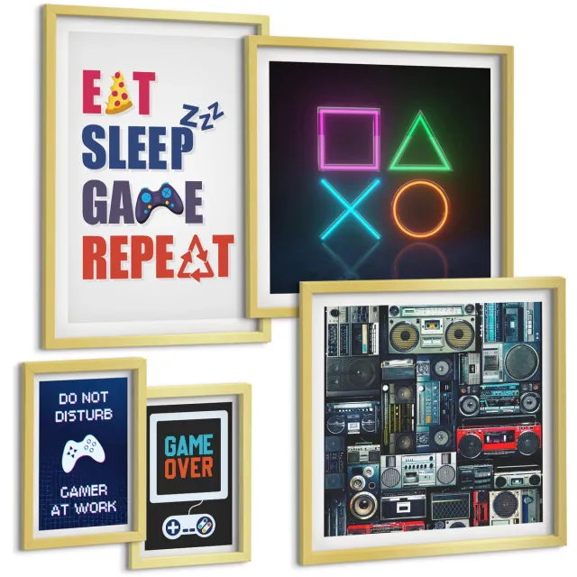 TULUP 5-Delige Schilderij Set - Stijlvolle decoraties voor liefhebbers van videogames - 50 x 50 cm, 20 x 30 cm en 40 x 60 cm - Wanddecoratie - Schilderijen Set - Kantoor - Muurdecoratie Gouden lijst