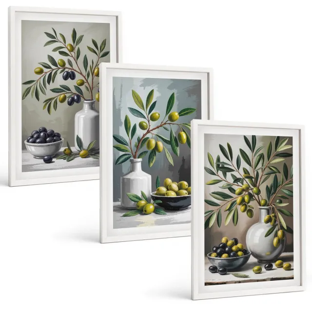 TULUP 3-Delige Schilderij Set - Olijven in keramische schalen op een grijze achtergrond - 40x60 - Moderne Wanddecoratie - Woonkamer - Stijlvolle Muurdecoratie Witte lijst
