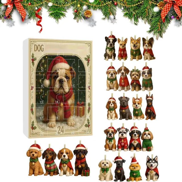 KZQ Honden Adventskalender 2026 - 24 Stuks 2D Acryl Blind Box met Hondenfiguren - Adventskalender voor Hondenliefhebbers - 24 Dagen Aftellen tot Kerstmis - Kerstboomdecoratie met Verschillende Hondenrassen - Kerstcadeau Gebroken wit