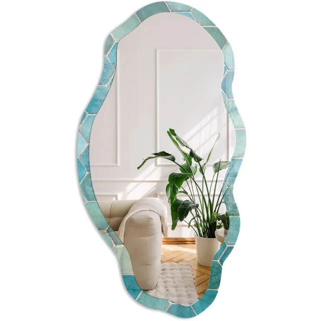 Coloray Turkooizen Mozaïek Spiegel - Turkoois Rechthoekige Spiegel Voor Interieur - Organische Spiegel - Badkamer, Keuken, Hal - Geometrisch - 45x90 cm - Totale afmeting 52x97 cm Turkooizen Mozaïek, Turkoois