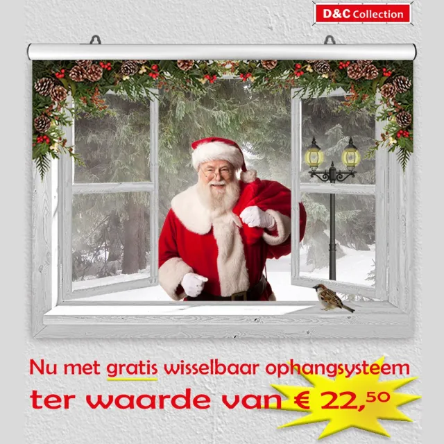 D&C Collection poster - kerst poster - 60x45 cm - doorkijk - wit venster met Kerstman en mus - winter poster - kerst decoratie- kerstinterieur - kerst wanddecoratie