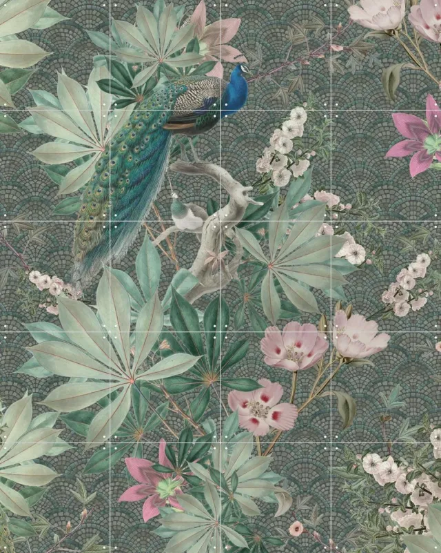 IXXI Botanical Garden Peacock, Bloomery Decor - 80 x 100 cm - Grote wanddecoratie en posters - Kleurrijk, Illustraties, Naturalisme, Grafisch Ontwerp Groen