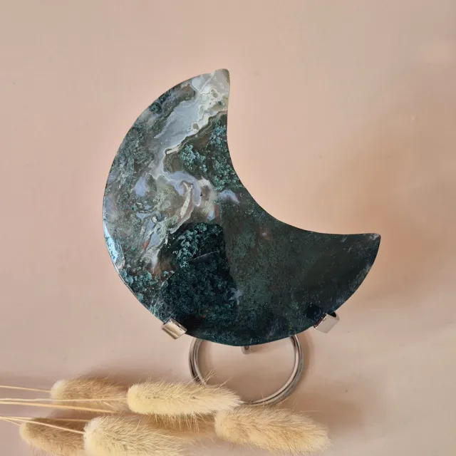 Moonlight Gemstones XL Edelsteen Mosagaat Maan op Standaard (Druzy & Patronen) #169 - 258g