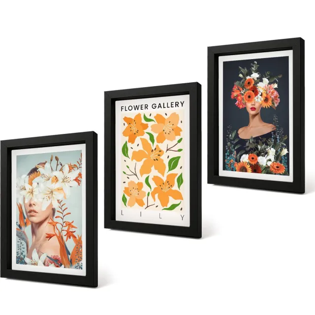 Coloray 4-Delige Schilderij Set - Bloemenportretten met kleurrijke boeketten en bladeren - 20 x 30 cm - Muurdecoratie - Schilderijen Set - Woonkamer - Moderne Wanddecoratie Zwarte lijst