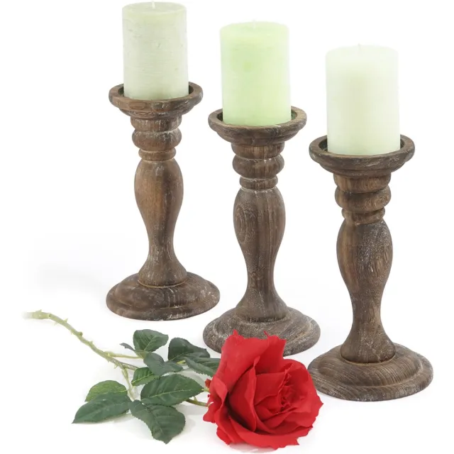 Cosmo Casa Set van 3 kaarsenstandaards - kaarsenhouder - shabby look - vintage design - hoogte 24cm - bruin
