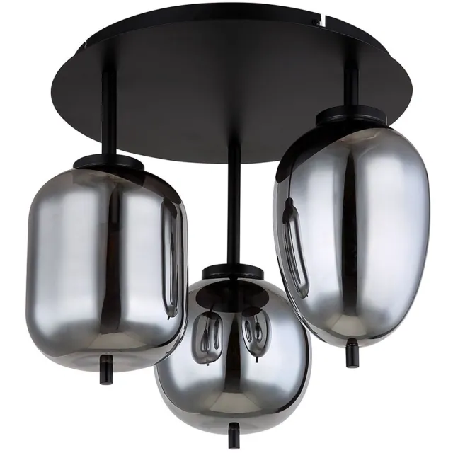 Globo Plafondlamp glazen lamp 3 vlammen glazen kap rookkleurige plafondlamp rond zwart woonkamerlamp, metaal glas, zwart, 3x E14 stopcontacten, DxH 46x36 cm
