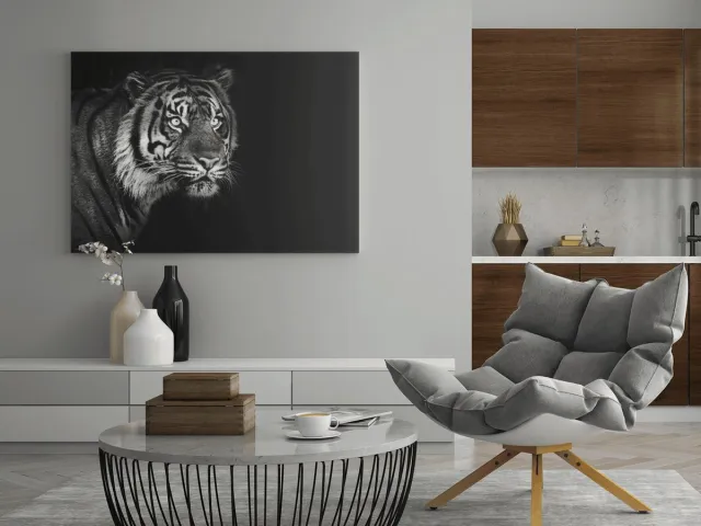 Trendex Global Canvas Schilderij Dieren - Tiger - Grijs - Dieren - Schilderijen Op Canvas - Wanddecoratie - 150x100x2 cm