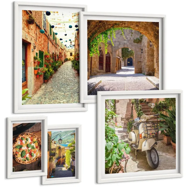 Coloray 5-Delige Schilderij Set - Sfeervolle Straatjes En Heerlijke Gerechten In Italiaanse Stijl. - 50 x 50 cm, 20 x 30 cm En 40 x 60 cm - Moderne Wanddecoratie - Slaapkamer - Stijlvolle Muurdecoratie Witte lijst