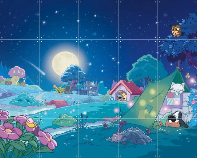 IXXI Woezel & Pip in de Nacht, Woezel & Pip & Van Hoorne Studios - 100 x 80 cm - Grote wanddecoratie en posters - Cartoonesk, Speels, Kleurrijk Groen / Blauw / Wit