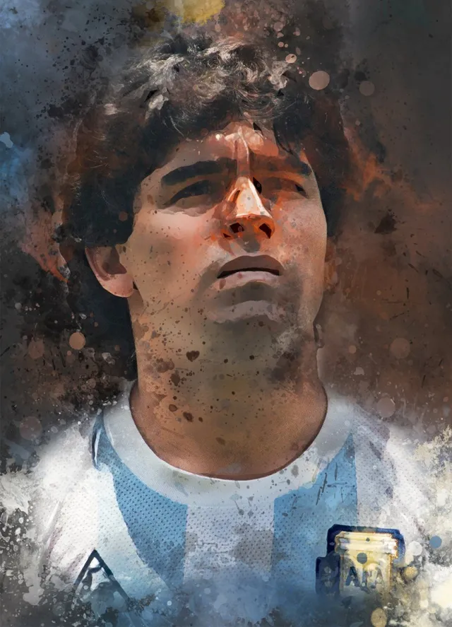 Wallofprints Maradona poster op A3 semi- glossy papier - 29.7x42 cm - Voetbal poster - Unieke poster van Diego Maradona in Argentijns tenue met donkergrijze achtergrondkleur