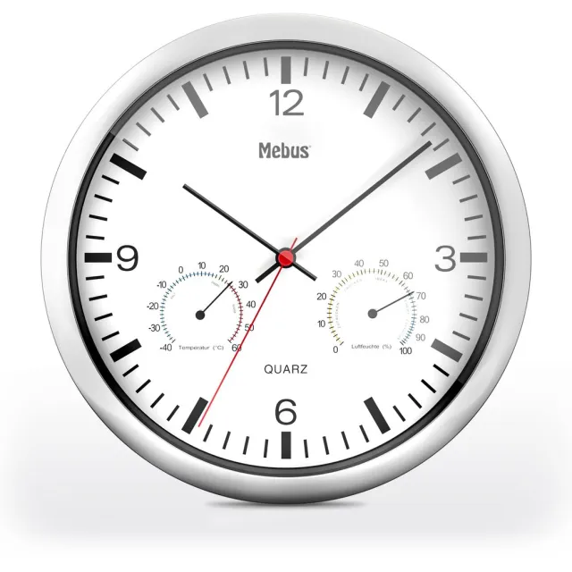 Mebus quartz wandklok met thermometer en hygrometer/zilveren frame/witte wijzerplaat/25cm diameter/rond/Model: 56730 / Kleur: zilver, wit