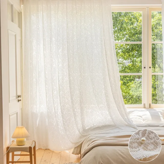 Qelus Luxe Vitrage met Parels - Elegant Voile Gordijn met Kralen - Transparant - Tunnelzoom - Voor Woonkamer & Bruiloft - Voilage avec Perles - B140xH250cm Wit
