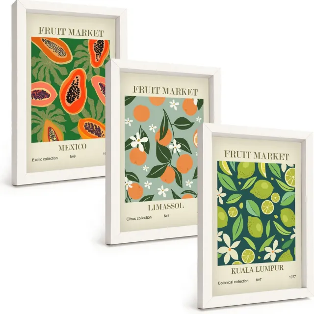 TULUP 3-Delige Schilderij Set - Vintage posters met fruitpatronen - 20x30 - Decoratieve Muurdecoratie - Slaapkamer - Stijlvolle Muurdecoratie Witte lijst
