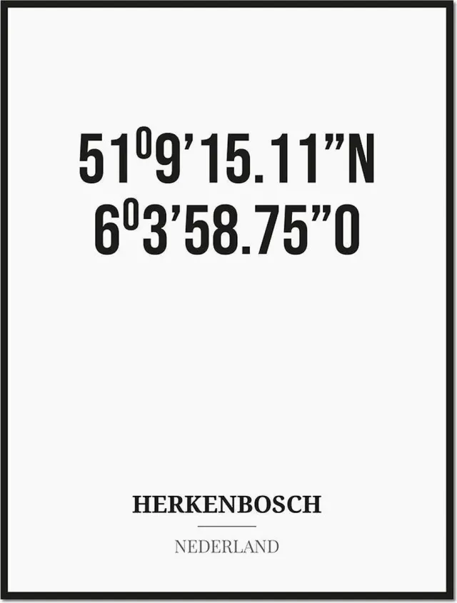 Studio216 Poster/kaart HERKENBOSCH met coördinaten zwart, wit