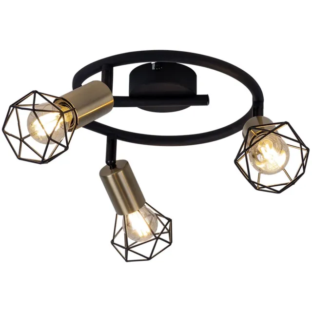 Globo Lighting Plafondlamp retro industriële plafondlamp 3 vlammen zwart, verstelbare spot, metalen rooster messing, 3x E14 stopcontacten, DxH 23x18 cm