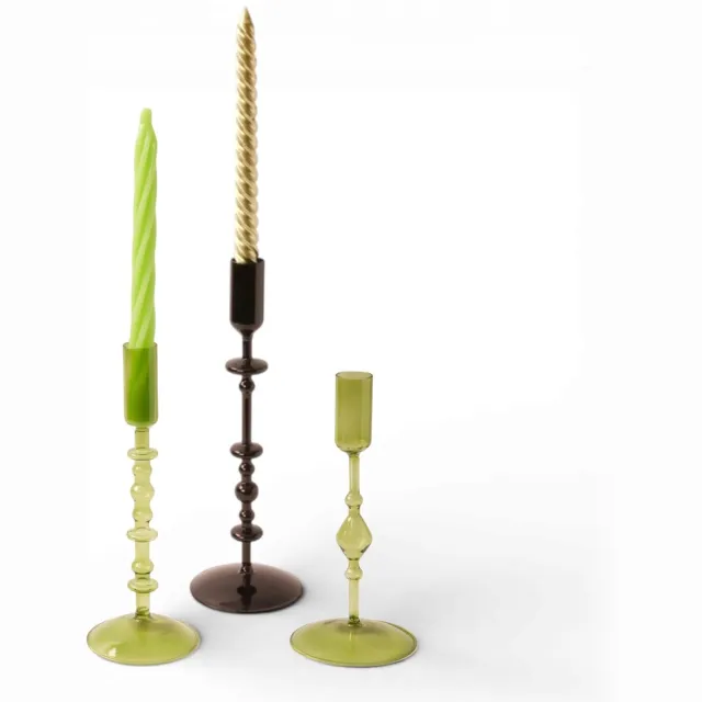 Winq Kleurige Glaskandelaren in een Groen/ Zwart Combinatie. Kaarsenhouder glas - Set bestaande uit 3 stuks – Decoratie woonkamer – geschikt voor Dinerkaarsen en Stompkaarsen