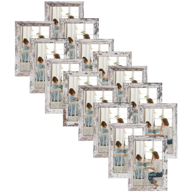 Famanu Set van 15 fotolijsten, 10 x 15 cm, vintage wit met verweerde korrel, voor wand- of tafelstandaard, perfect voor collage en het tentoonstellen van foto's met een rustieke charme