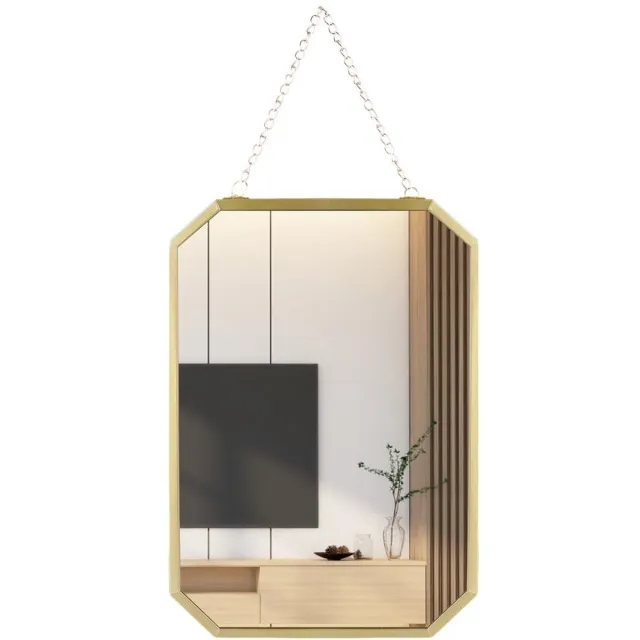 PZCC Hangende Wandspiegel met Ketting - Gouden Geometrische Spiegel met Metalen Frame - Decoratieve Make-up Spiegel voor Badkamer Slaapkamer Hal en Woonkamer - Kleine Maat 27 x 18 cm
