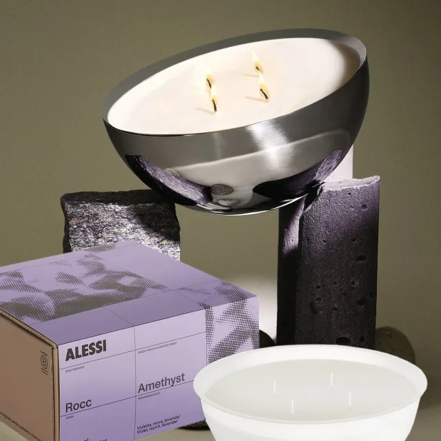 Alessi Rocc-Set-Medium-Amethyst-Geurkaars-mét-Container gepolijst rvs