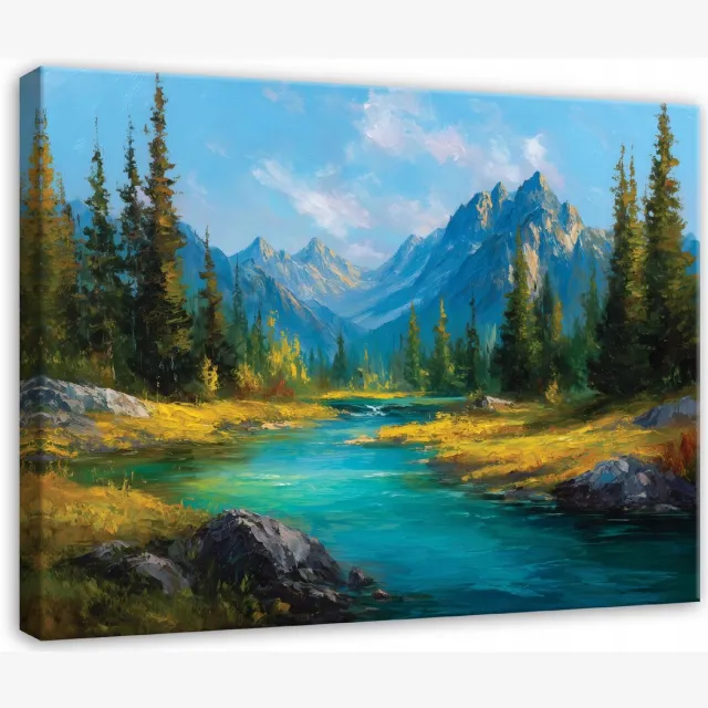 WALLARENA Schilderij op canvas - 40x30 cm - afbeelding van bergen, natuur, bos, rivier, landschap - Geschikt voor slaapkamer en woonkamer Veelkleurig