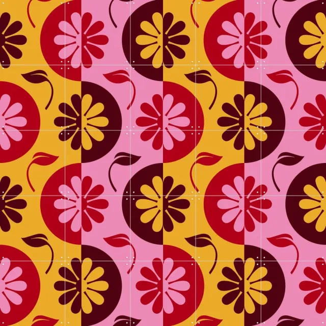 IXXI Floral DNA Pattern 4, Alejandro B. Canoy - 100 x 100 cm - Grote wanddecoratie en posters - Speels, Retro, Woonkamer, Eetkamer, Slaapkamer Oranje / Roze / Rood