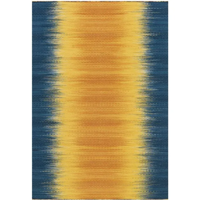 Padiro platgeweven designvloerkleed 90 x 160 cm - blauw / geel - modern abstract ontwerp - met kleurverloop - voor vloerverwarming - van wol en katoen