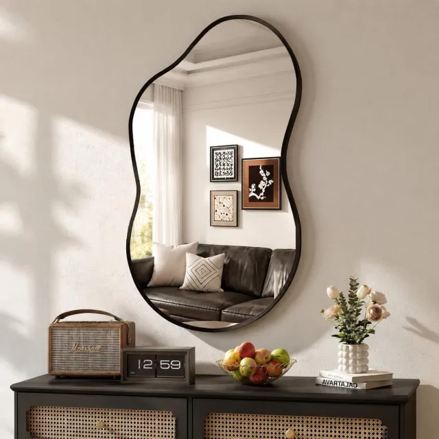 MAMIZO Asymmetrische Wandspiegel - Badkamerspiegel - 50 x 91 cm - Gehard Glas - Aluminium Frame - Zwart
