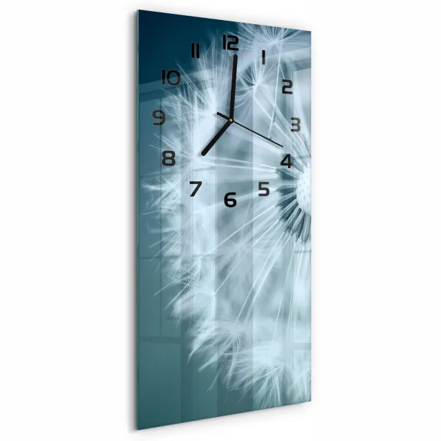 TULUP Wandklok - Paardebloem Glazen Wandklok Design - 30x60 cm - Blauw Klok Glas Met Opdruk - Zwarte handen - Rechthoekige Klok - Wandklok Glas Met Motief - Decoratieve Glazen Klok