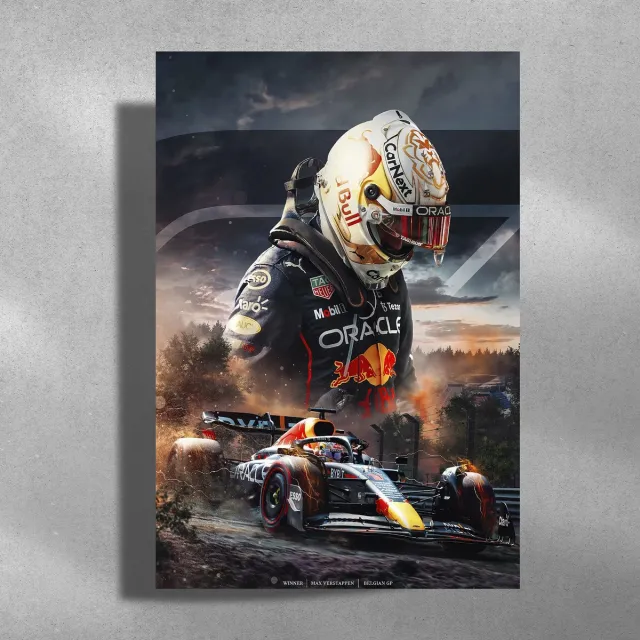 Luxe poster Max Verstappen - Metalen Poster 40x60cm - Winner Belgian GP - Formule1 Wit