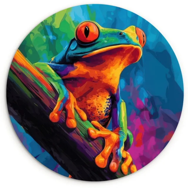 WallCircle Wandcirkel 150x150 cm - Muurcirkel Kikker - Felgekleurd - Tak - Regenboog - Muurdecoratie woonkamer - Wanddecoratie slaapkamer - Kamer decoratie accessoires - Ronde schilderijen Kikker - Kleurrijk