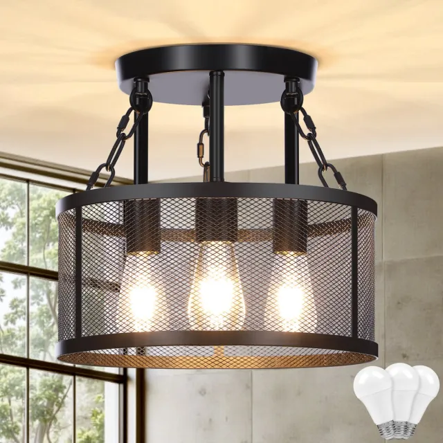 Rosnek Modern Industriele Plafondlamp Zwart - 32x32x28cm Dimmbaar Metaal Plafonniere - 3-koppen Open Mesh - Incl. 3x E27 LED-lampen - Half-inbouwverlichting voor Slaapkamer/Keuken/Hal