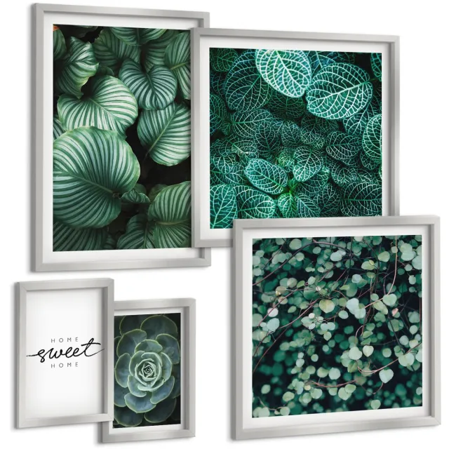 TULUP 4-Delige Schilderij Set - Groene bladeren en planten in een moderne stijl - 50 x 50 cm, 20 x 30 cm en 40 x 60 cm - Decoratieve Schilderijen - Wanddecoratie - Hal Zilveren lijst