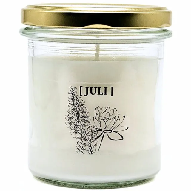 Candlelight-on geurkaars met geboortebloem en geboortedatum - 29 juli - o.b.v. sojawas en etherische oliën Wit