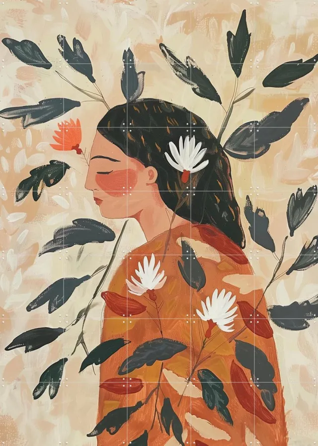 IXXI When Her Thoughts Took Root, Branka Kodžoman - 100 x 140 cm - Grote wanddecoratie en posters - Schilderijen, Slaapkamer, Gang, Woonkamer, Natuur Oranje / Groen / Beige