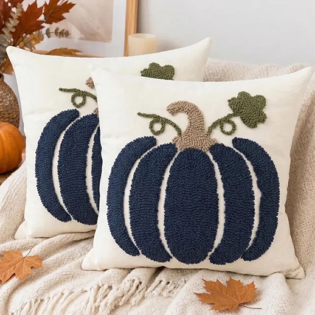 ZVD Herfst-sierkussenhoezen – 45x45 cm – Set van 2 – Halloween-decoratie – Geborduurd ontwerp – Verborgen ritssluiting – Geschikt voor Thanksgiving-feesten en herfstinterieur – Blauwe pompoenstijl